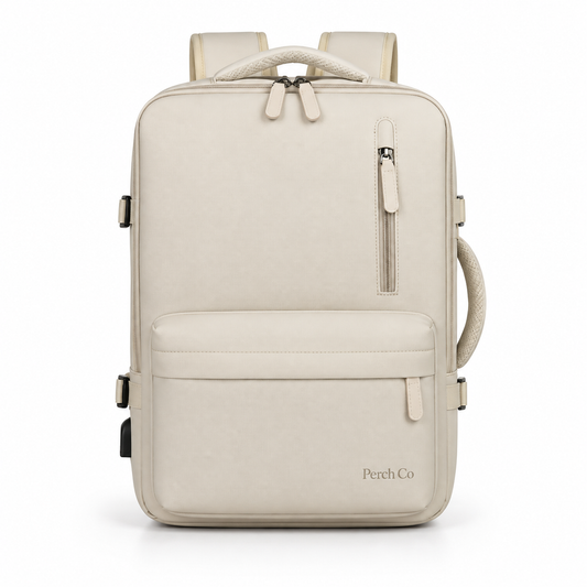 Cream carry-on travel backpack with printed logo