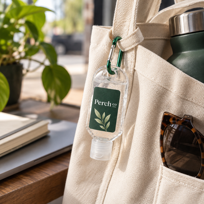 Branded hand sanitiser clipped to a tote bag