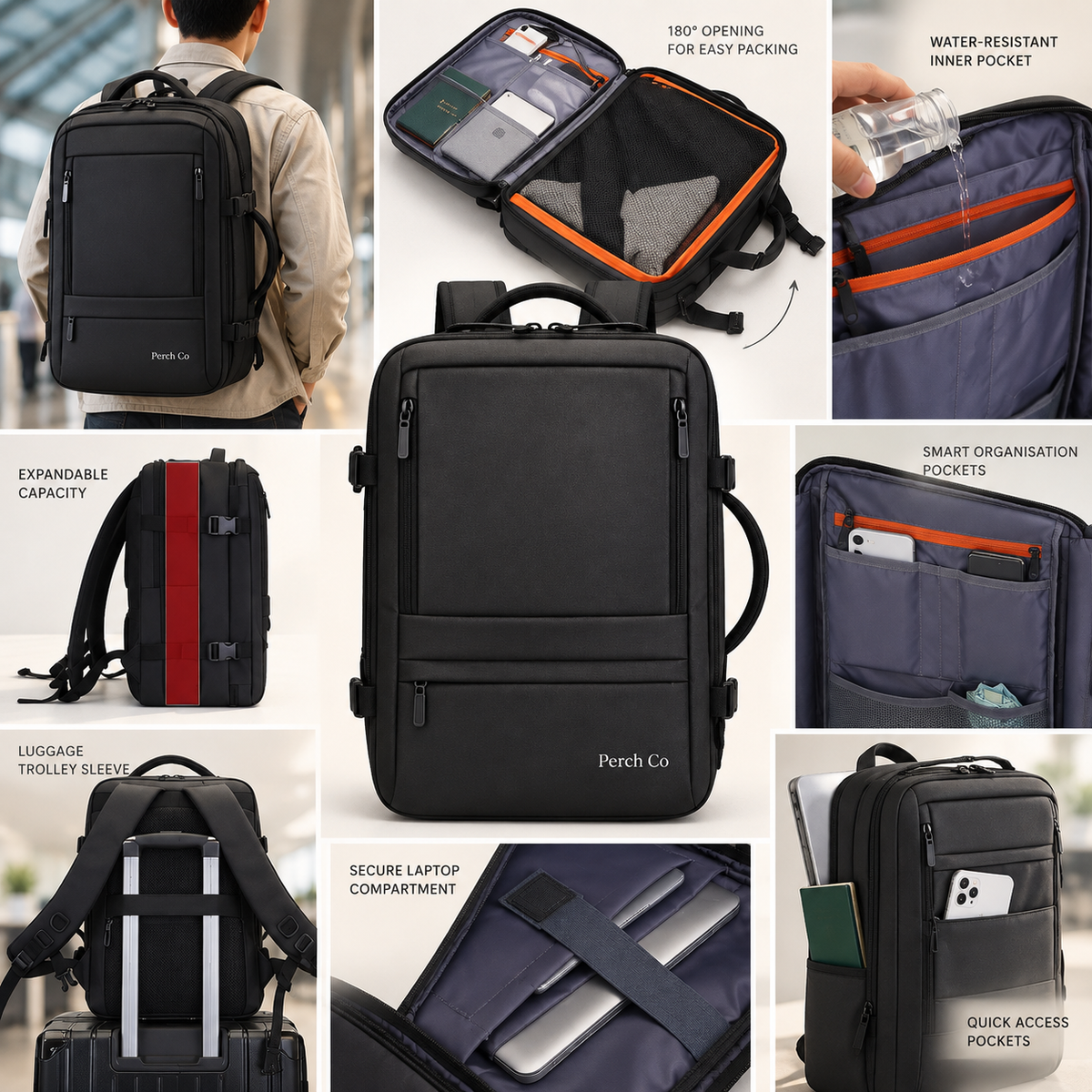 Expandable travel backpack features: 180-degree opening, expandable capacity, trolley sleeve, laptop compartment and organiser pockets