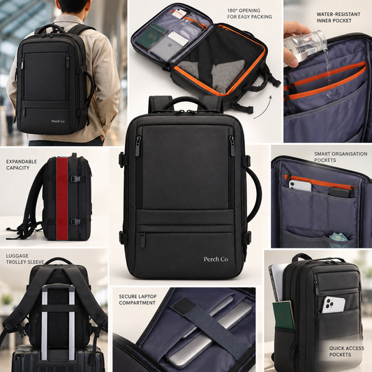 Expandable travel backpack features: 180-degree opening, expandable capacity, trolley sleeve, laptop compartment and organiser pockets