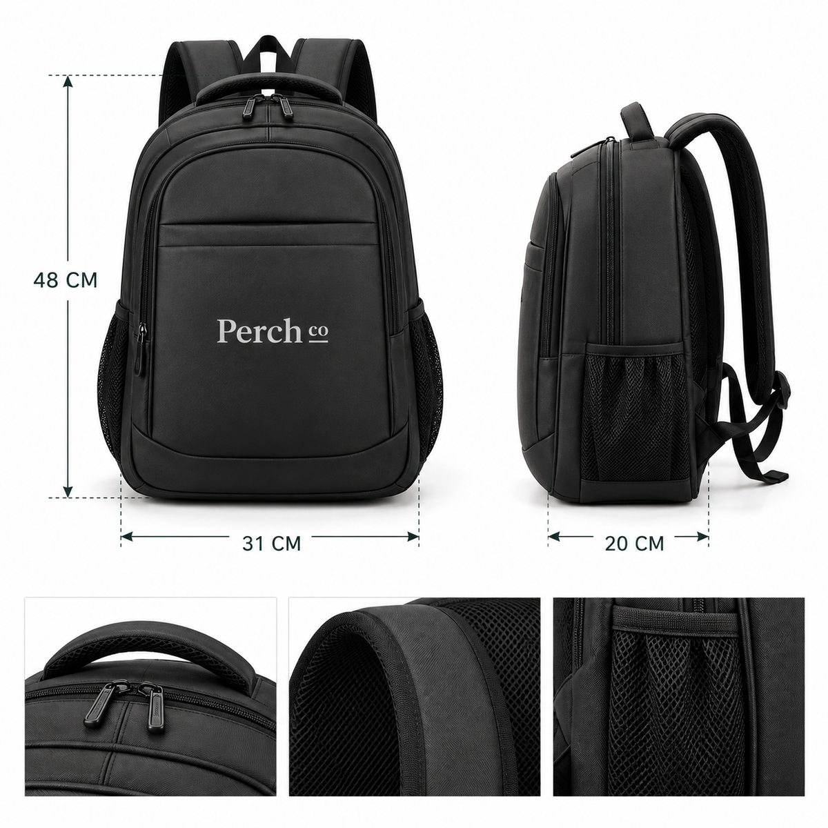 Laptop backpack measuring 48 by 31 by 20 cm, with handle, strap and side pocket details