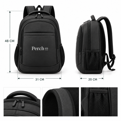 Laptop backpack measuring 48 by 31 by 20 cm, with handle, strap and side pocket details