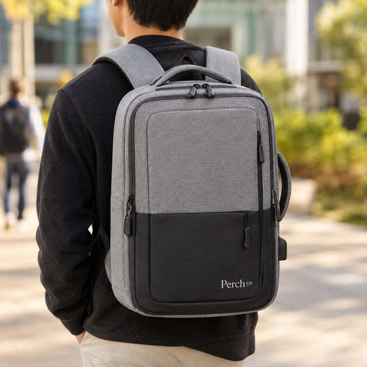 Colour-block business backpack worn outdoors