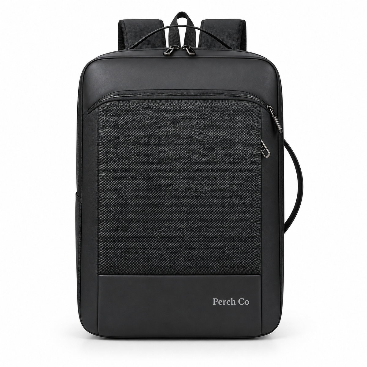 Black multi-way business backpack with textured front panel and printed logo