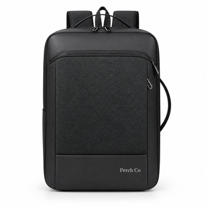 Black multi-way business backpack with textured front panel and printed logo