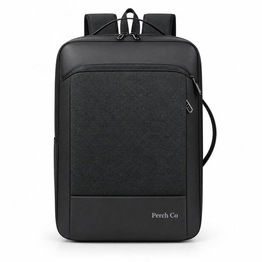 Black multi-way business backpack with textured front panel and printed logo