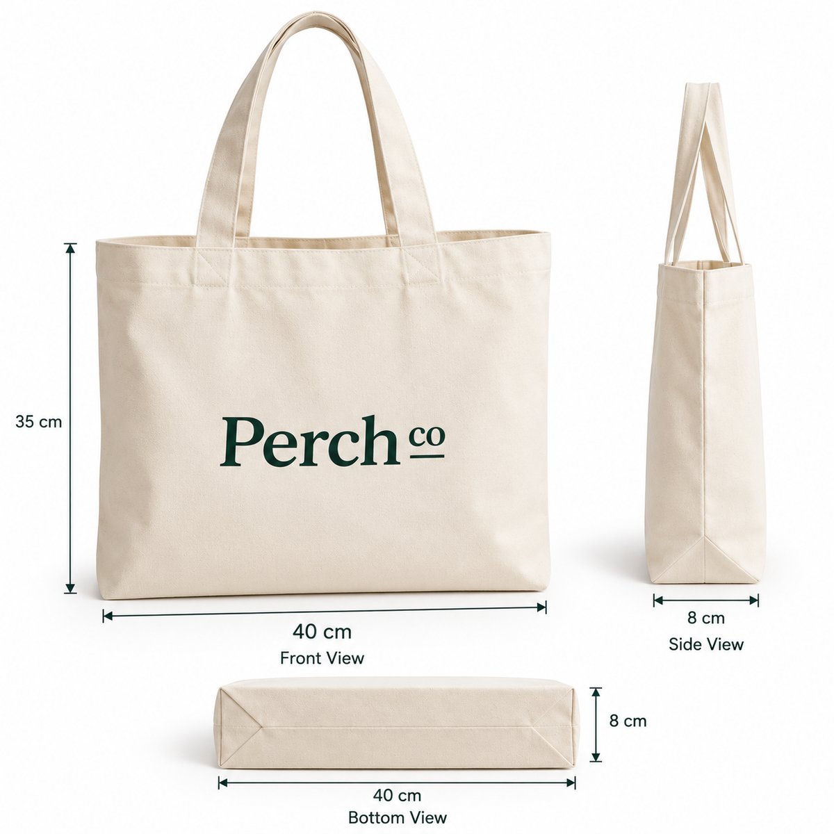 Gusseted tote bag with printed logo, shown from the front, side and bottom