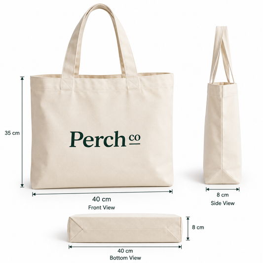 Gusseted tote bag with printed logo, shown from the front, side and bottom