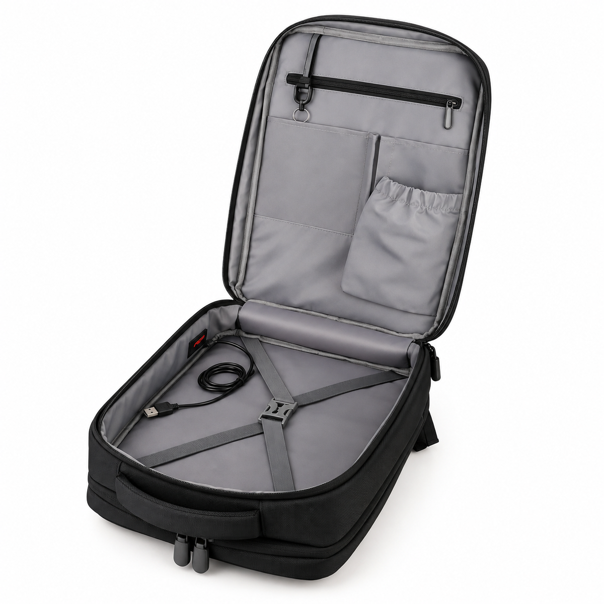 Flat-opening backpack unzipped 180 degrees showing interior pockets and cross straps