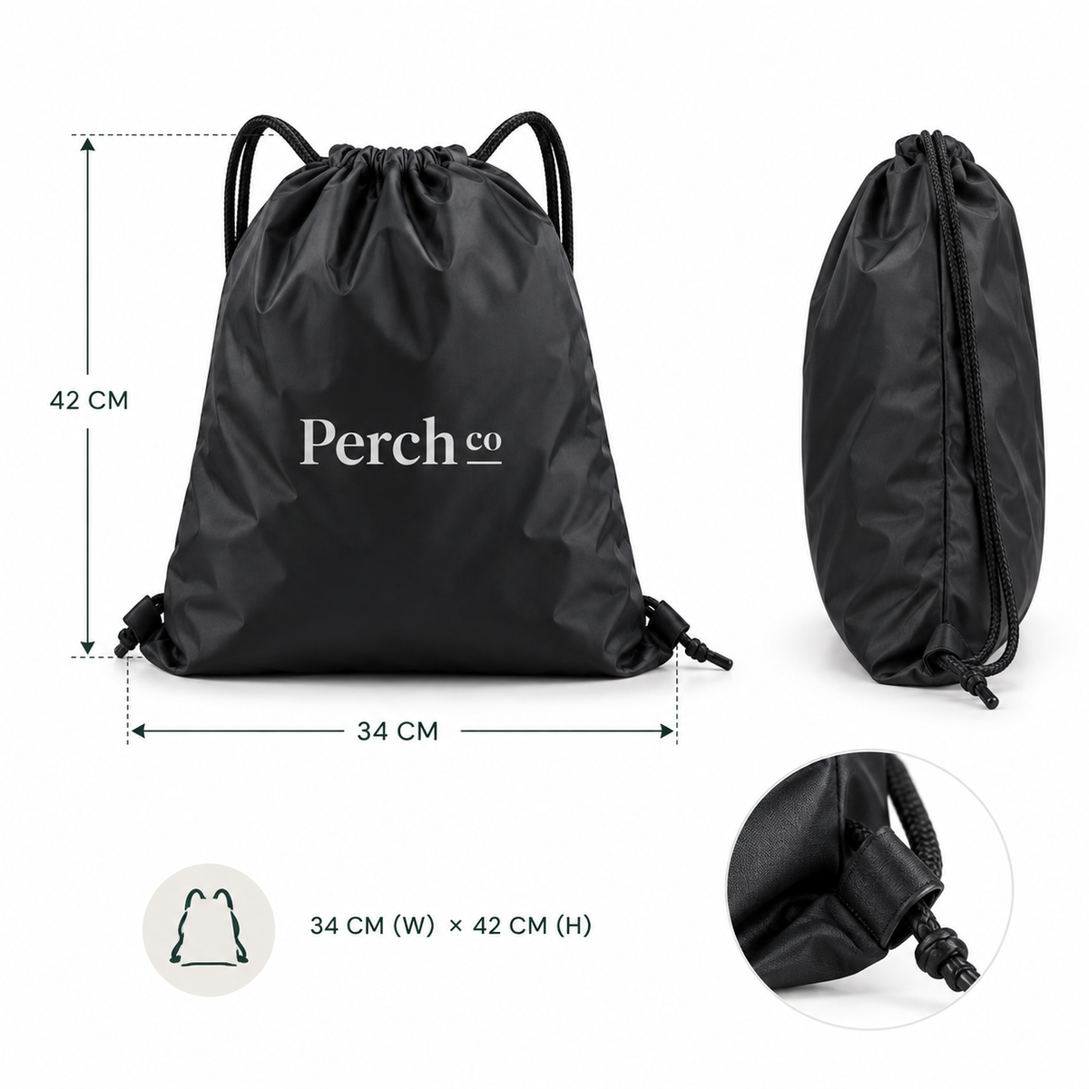 Drawstring bag measuring 34 cm wide by 42 cm high, with side view and corner cord stopper