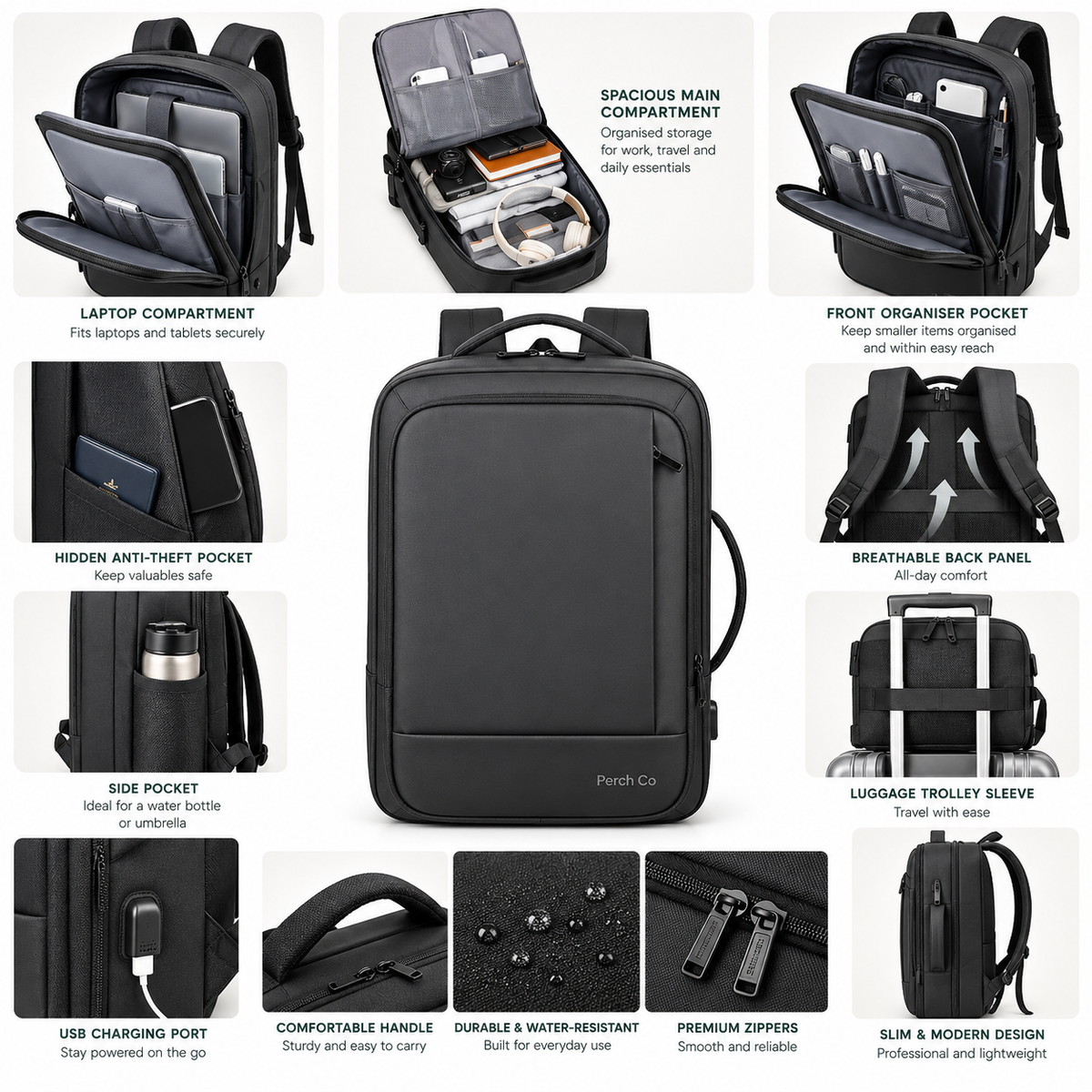 Slim business backpack features: laptop compartment, front organiser, anti-theft pocket, USB port and trolley sleeve