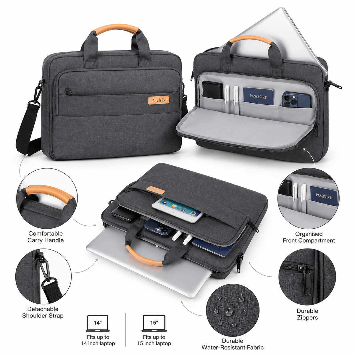 Laptop briefcase features: organised front compartment, detachable strap, carry handle and water-resistant finish