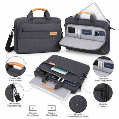 Laptop briefcase features: organised front compartment, detachable strap, carry handle and water-resistant finish