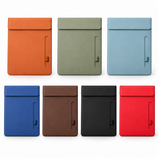 A4 folder with pen loop in seven colours: orange, sage, light blue, royal blue, brown, black and red