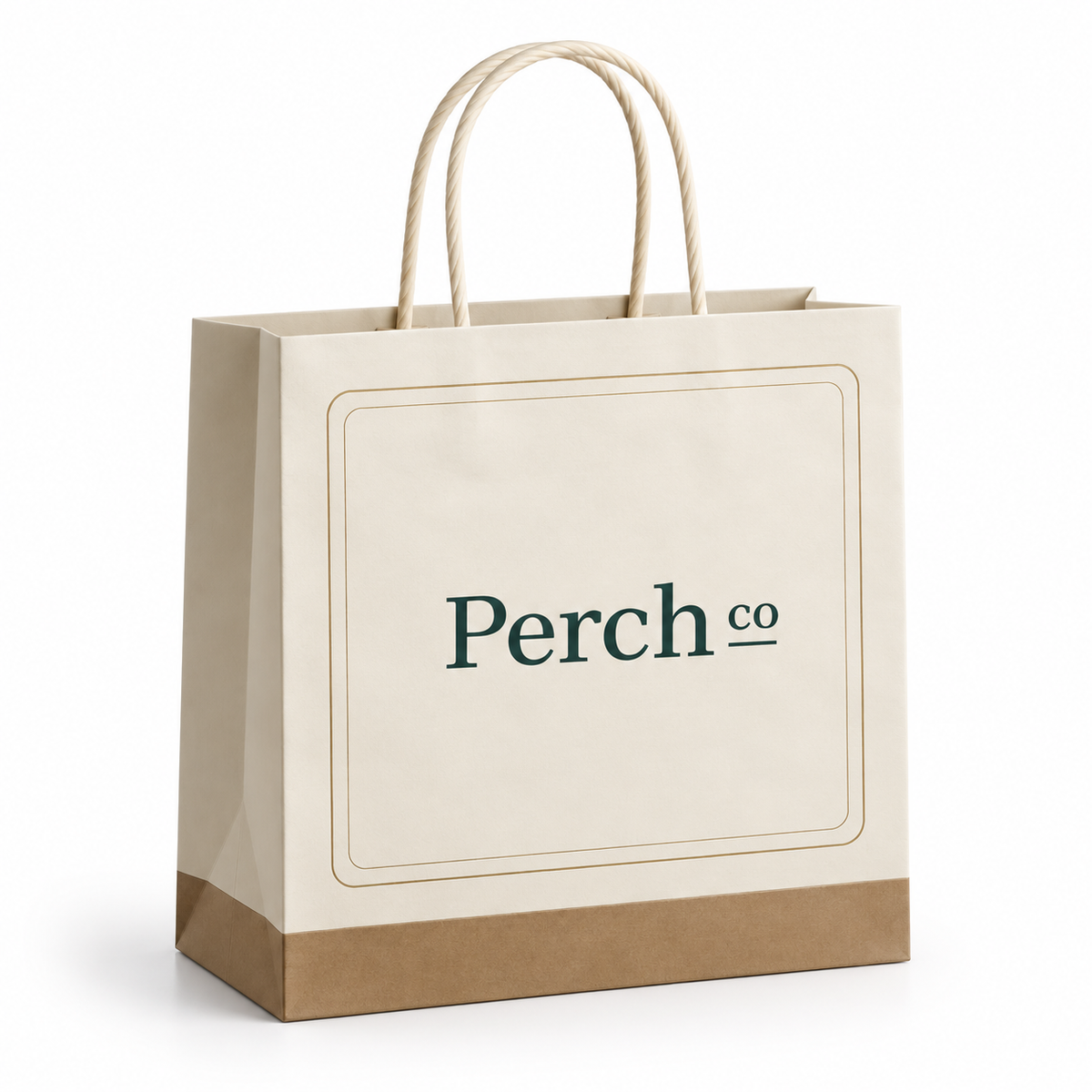 Cream paper trade show bag with kraft base and twisted handles