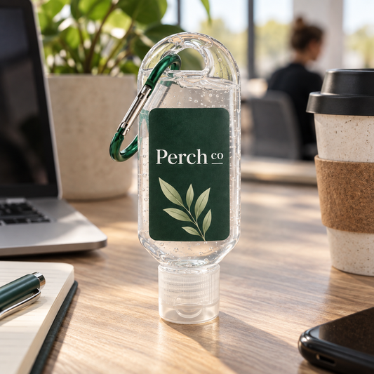 Branded hand sanitiser on an office desk