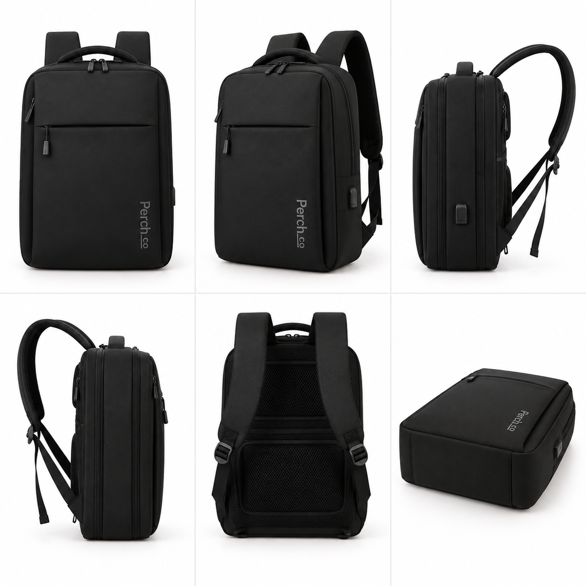 Flat-opening laptop backpack shown from the front, side and back