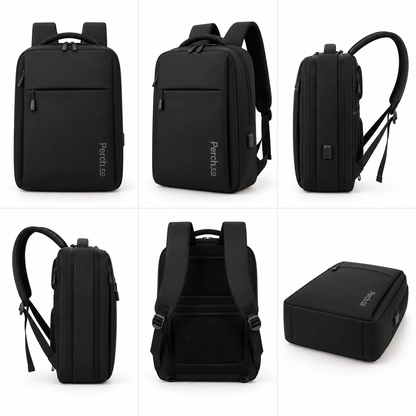 Flat-opening laptop backpack shown from the front, side and back