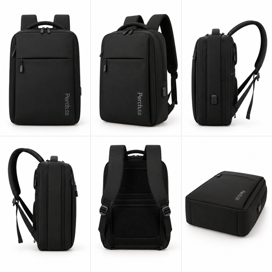 Flat-opening laptop backpack shown from the front, side and back
