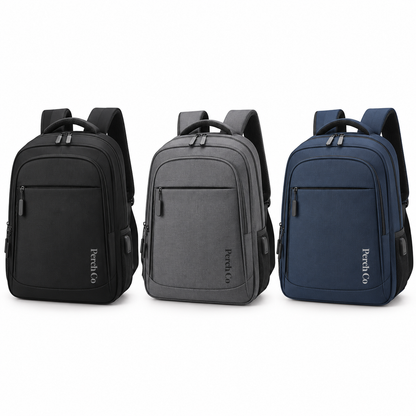 USB charging backpack in black, grey and navy