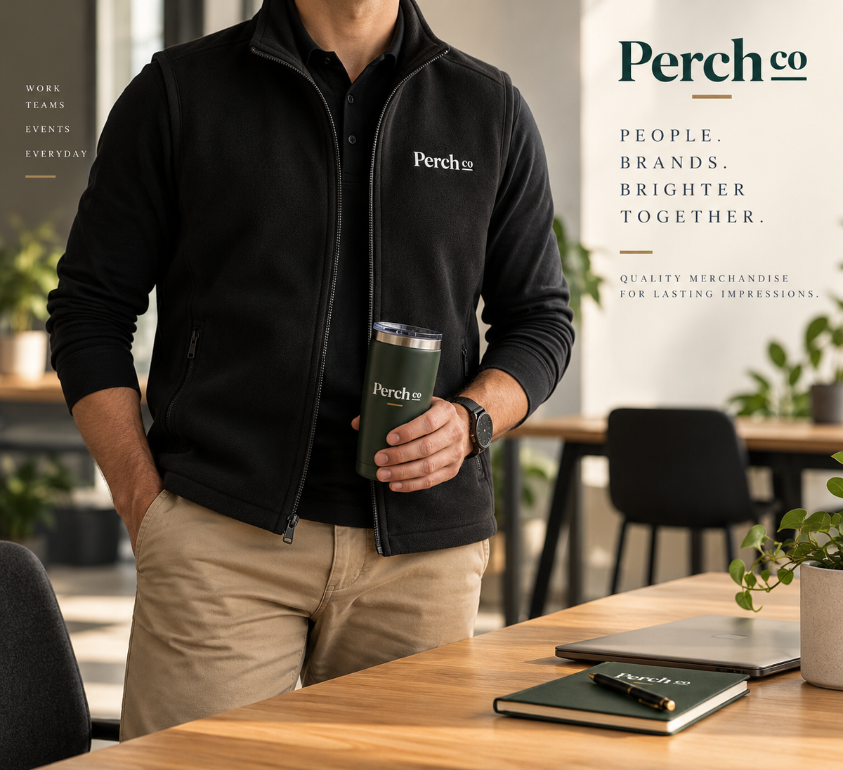 Black bonded fleece vest worn over a shirt in an office