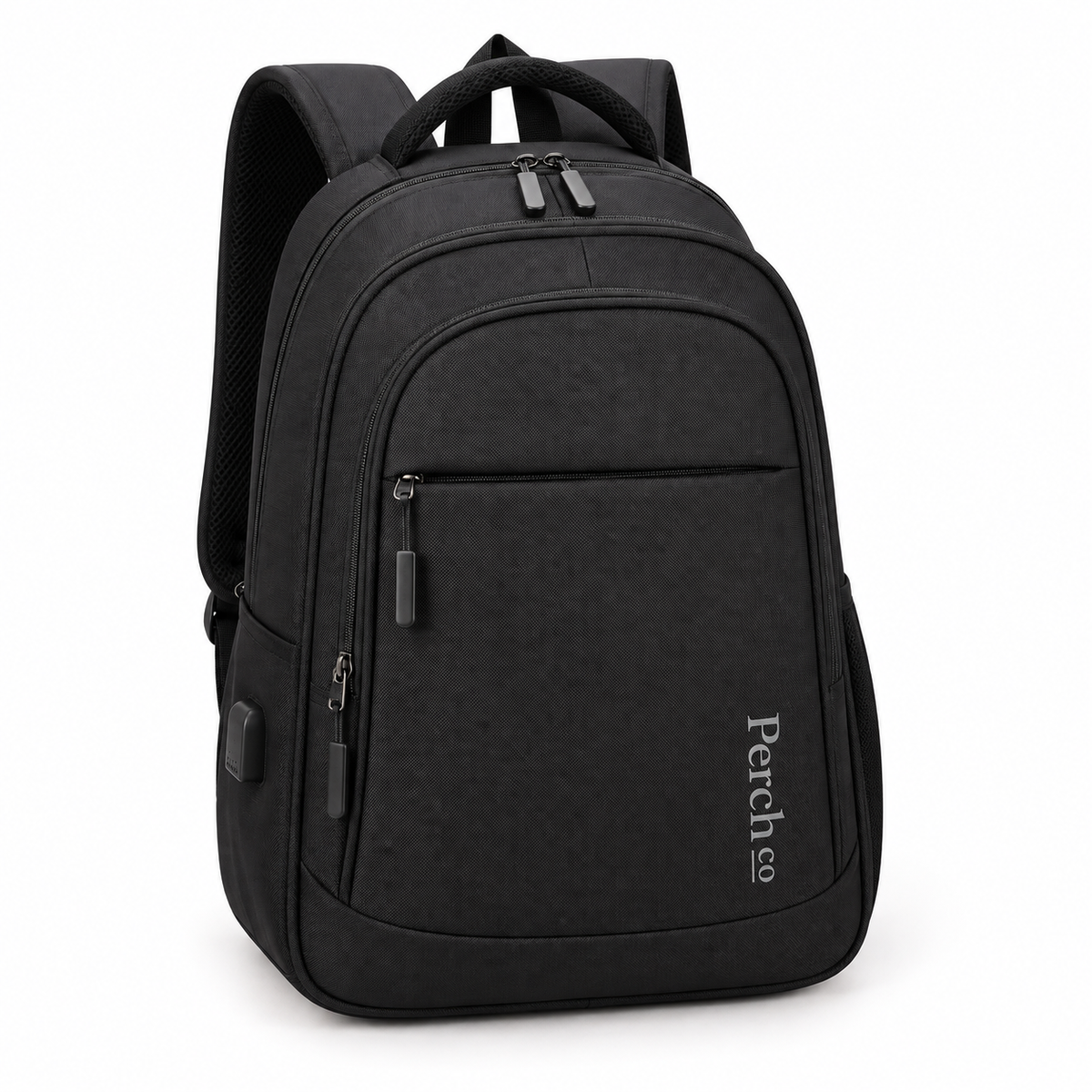 Black USB charging backpack with printed logo