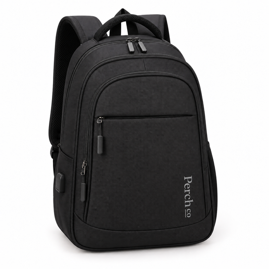 Black USB charging backpack with printed logo