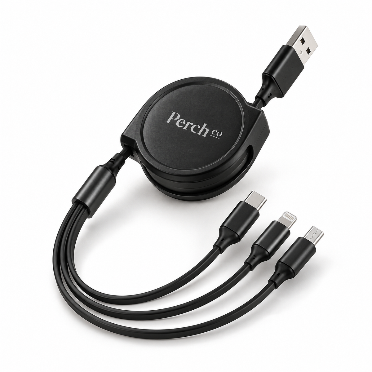 Retractable 3-in-1 charging cable with a round black branded housing