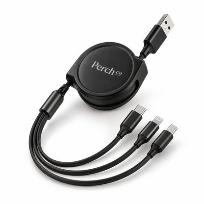 Retractable 3-in-1 charging cable with a round black branded housing
