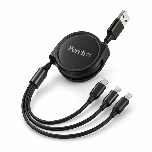 Retractable 3-in-1 charging cable with a round black branded housing