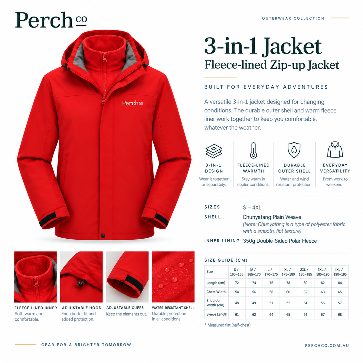3-in-1 jacket features: fleece-lined inner, adjustable hood and cuffs, water-resistant shell