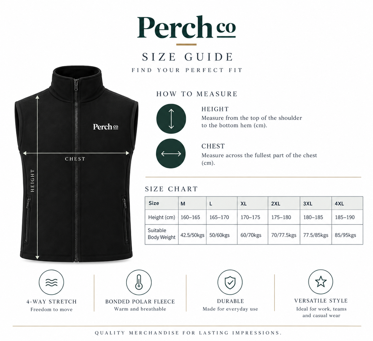 Bonded fleece vest size guide, M to 4XL