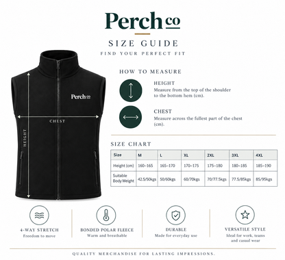 Bonded fleece vest size guide, M to 4XL