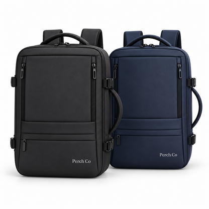 Expandable travel backpack in black and navy