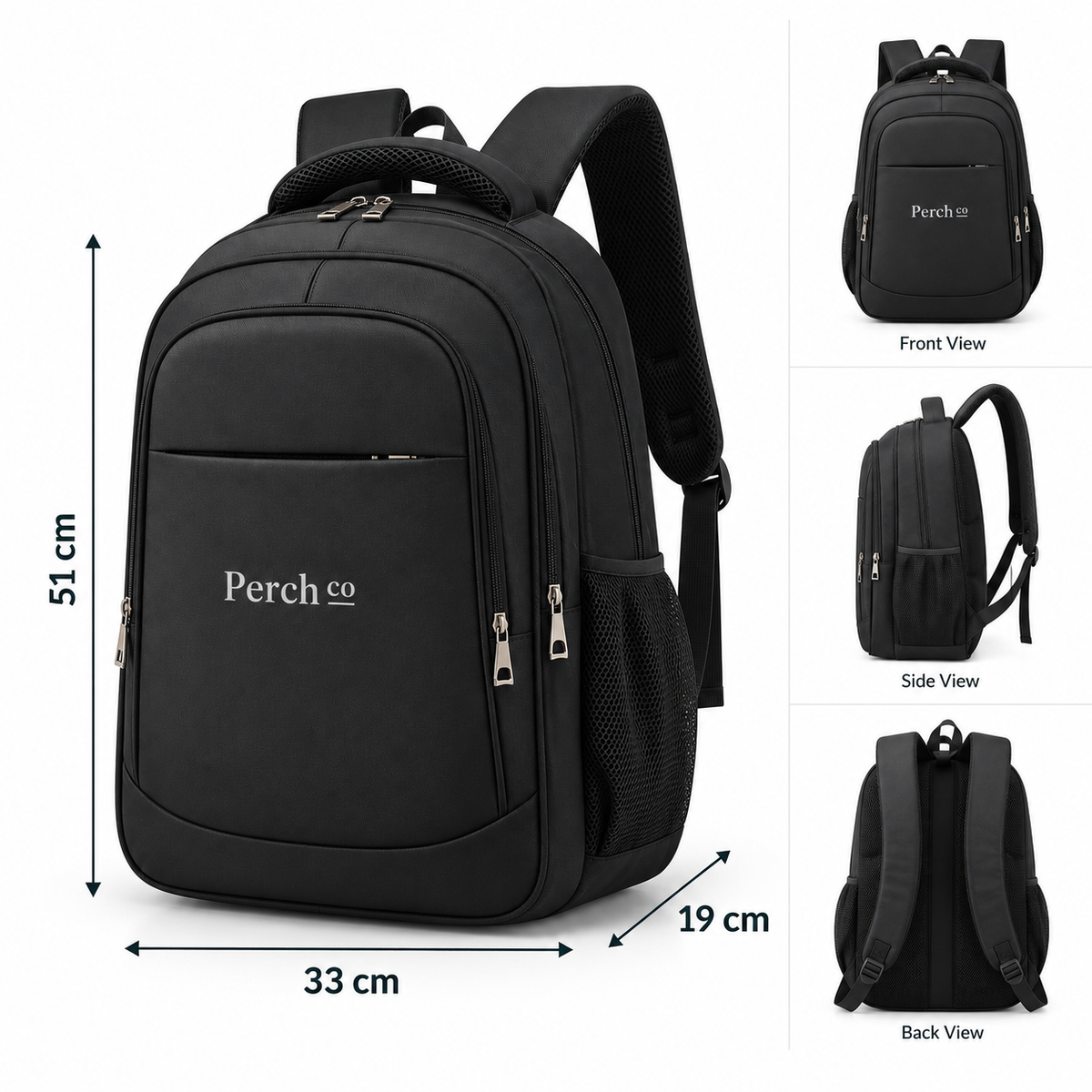 7-pocket backpack measuring 51 by 33 by 19 cm, with front, side and back views