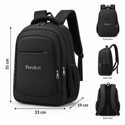 7-pocket backpack measuring 51 by 33 by 19 cm, with front, side and back views
