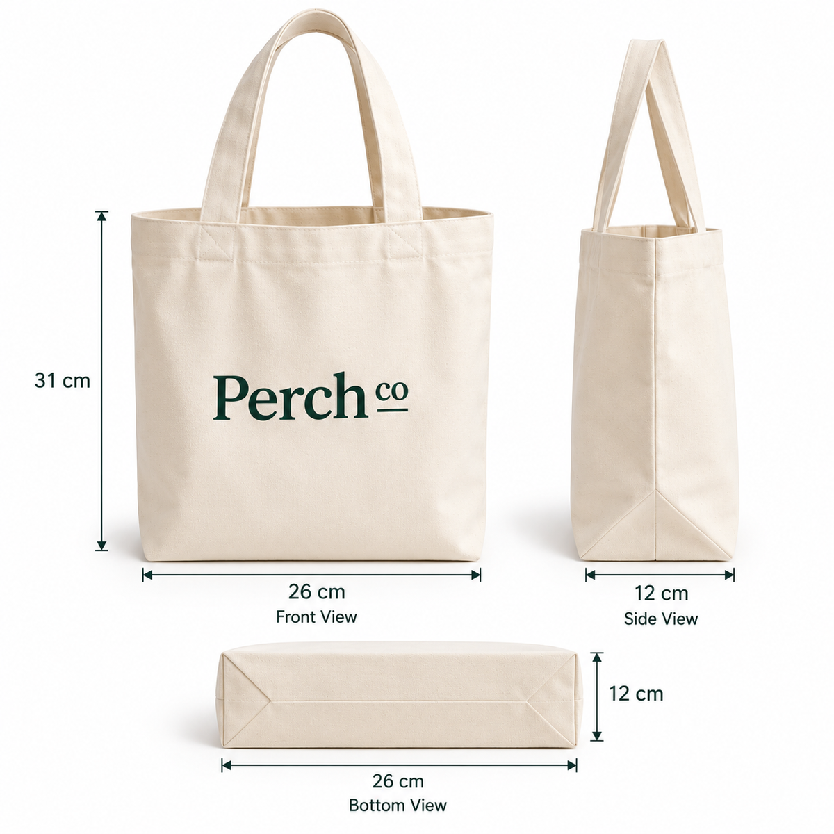 Smaller gusseted tote bag with printed logo, shown from the front, side and bottom