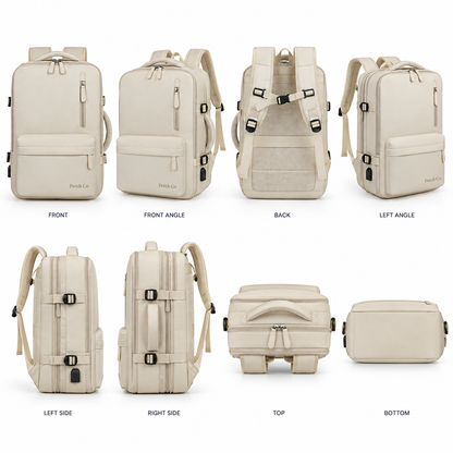 Carry-on travel backpack shown from the front, back, sides, top and bottom