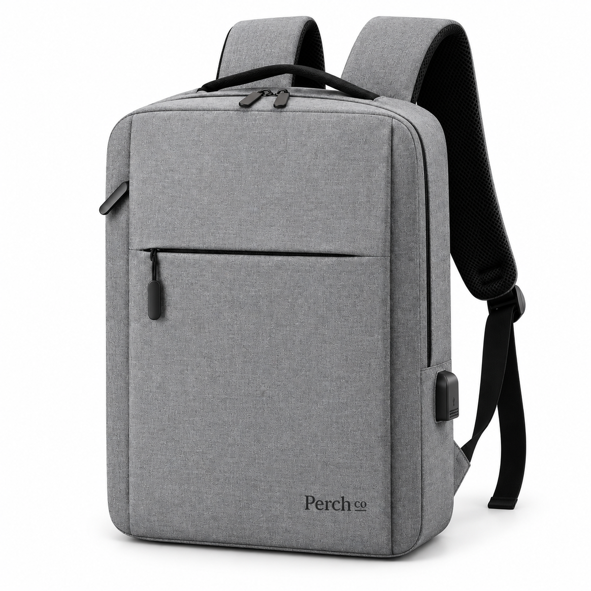 Grey minimalist laptop backpack with front zip pocket, USB port and printed logo