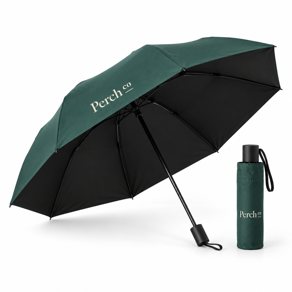 Compact folding umbrella shown open and folded, with a printed logo