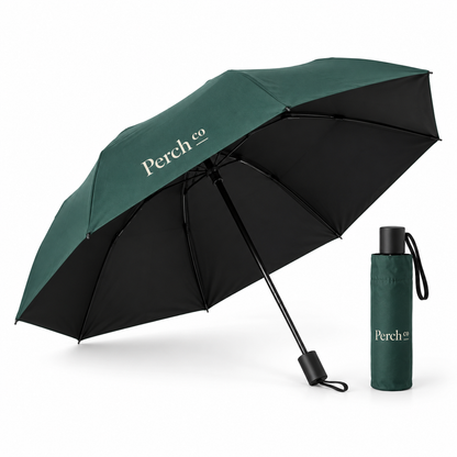 Compact folding umbrella shown open and folded, with a printed logo