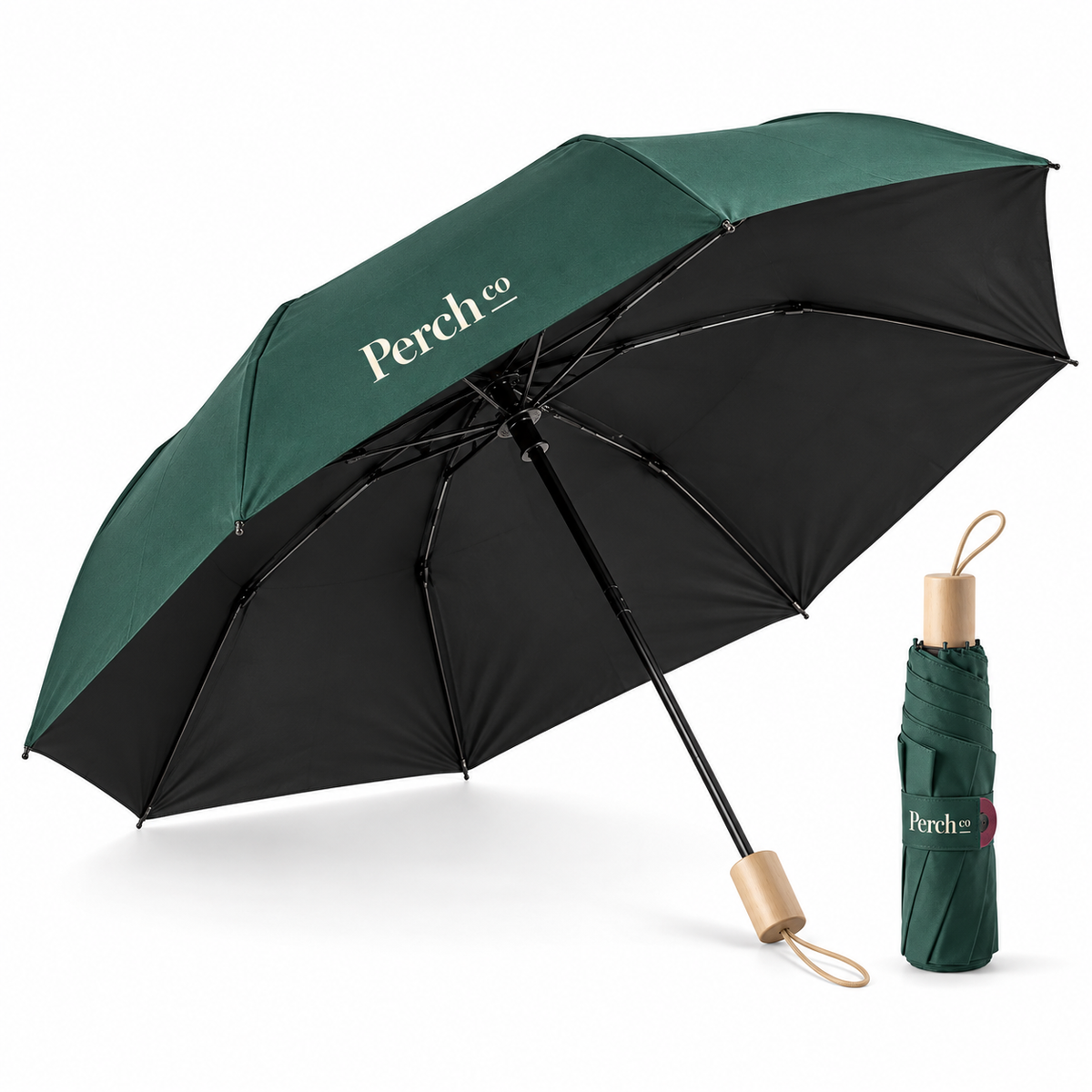 Wooden-handle folding umbrella shown open and folded, with a printed logo