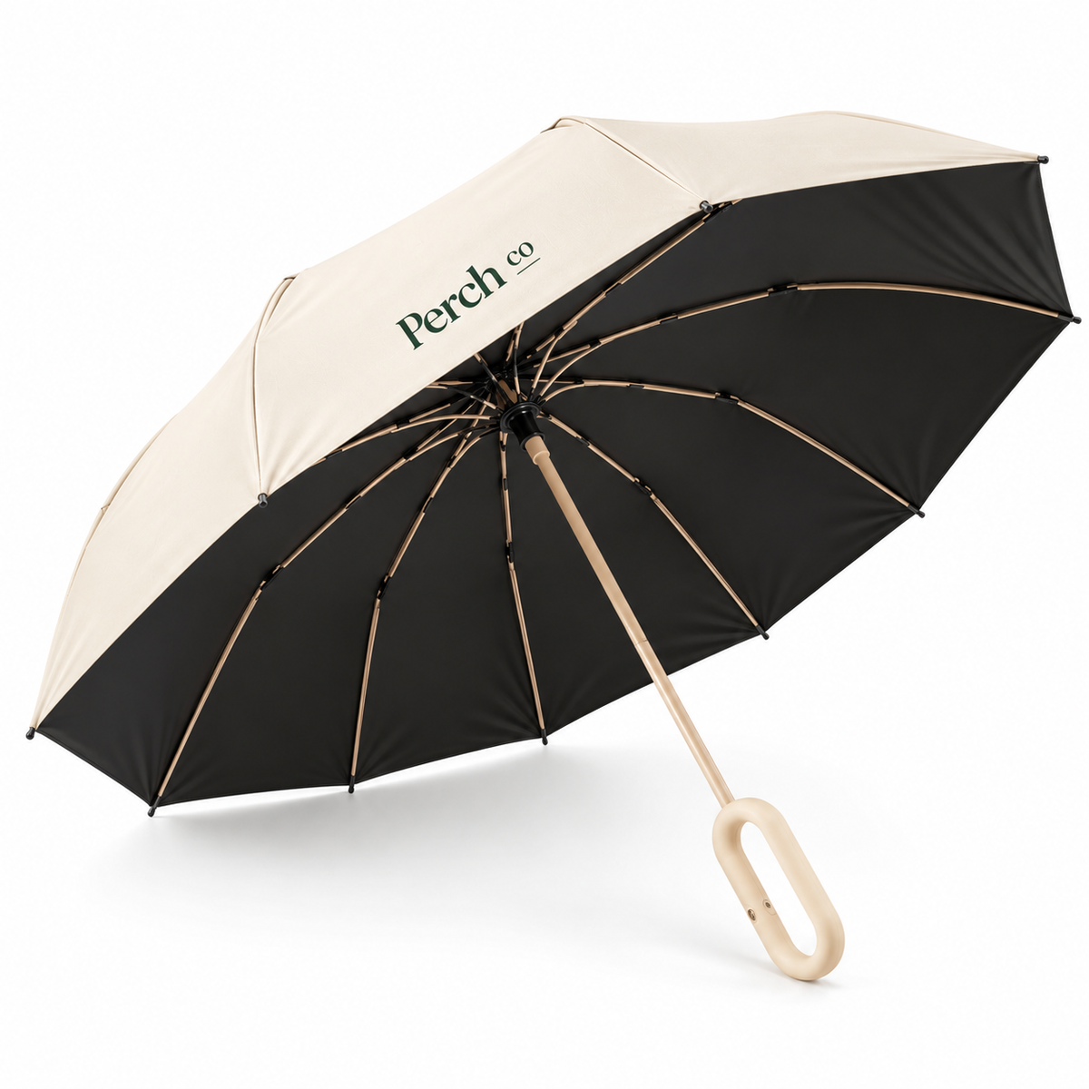 Loop-handle automatic umbrella open, showing the blackout underside and printed logo