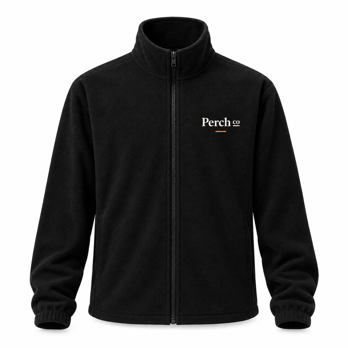 Black 350gsm fleece jacket with embroidered chest logo
