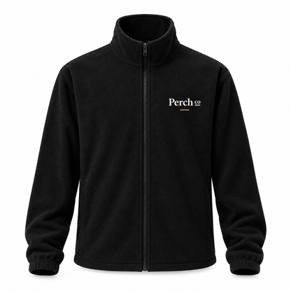 Black 350gsm fleece jacket with embroidered chest logo