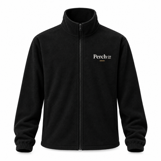 Black 350gsm fleece jacket with embroidered chest logo