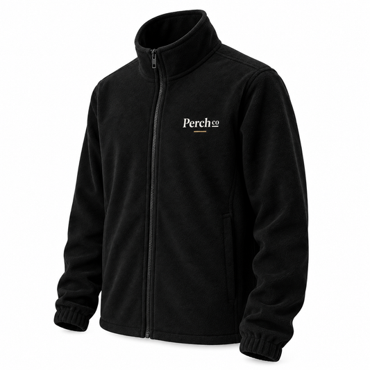 Black 350gsm fleece jacket, angled front view