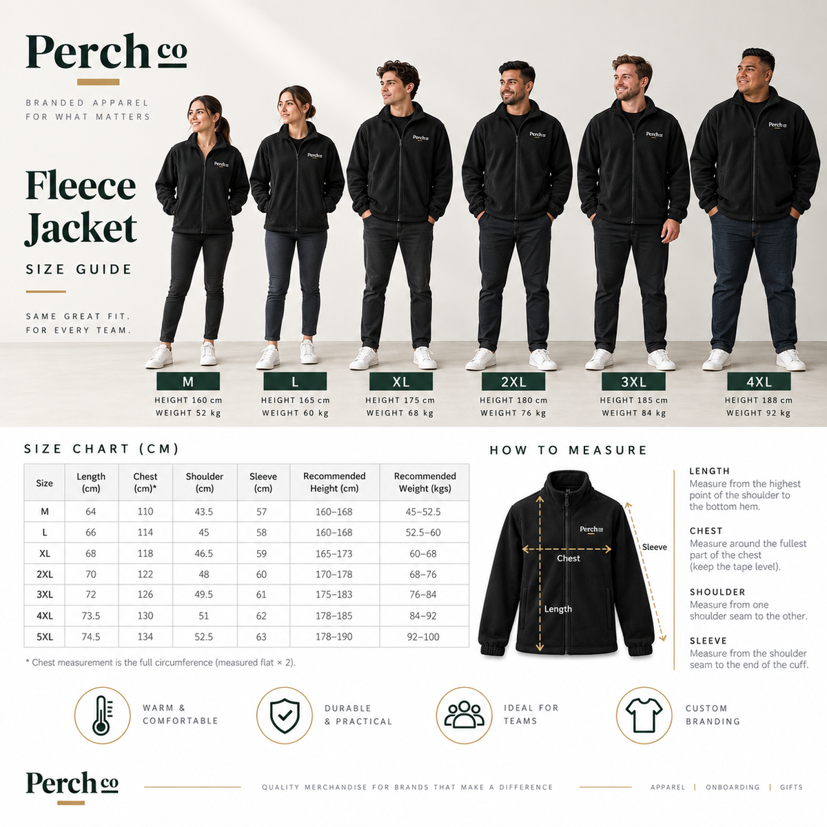 Fleece jacket size guide, M to 5XL