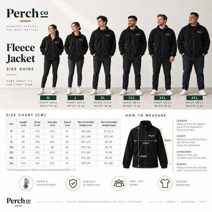 Fleece jacket size guide, M to 5XL