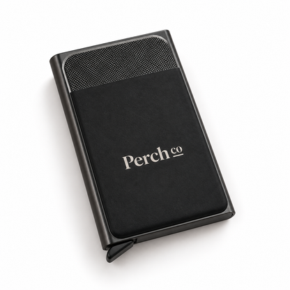 Black pop-up card holder with logo on the front panel